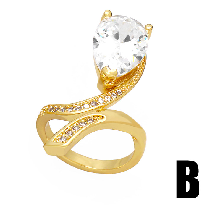 Glam Simple Style Commute Square Water Droplets Copper Plating Inlay Zircon 18K Gold Plated Open Rings
