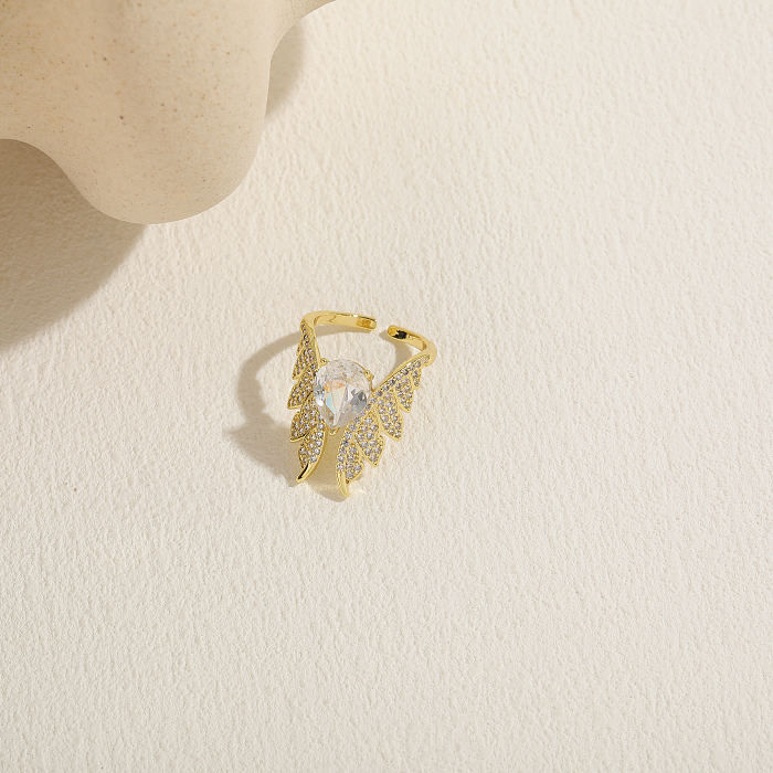 Elegante estilo clássico estrela gotas de água asas cobre assimétrico chapeamento incrustação zircão 14k banhado a ouro anéis abertos