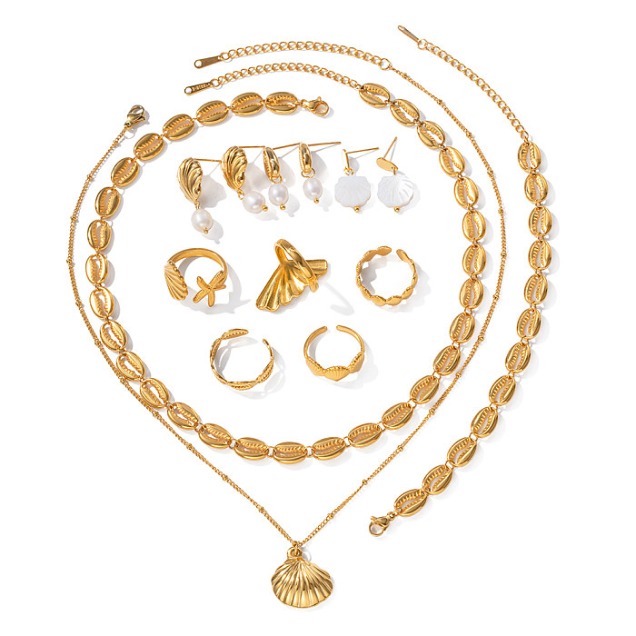 IG Style Strand-Seestern-Muschel, Edelstahl, Nachahmung von Perlen, 18 Karat vergoldet, Ringe, Ohrringe, Halskette