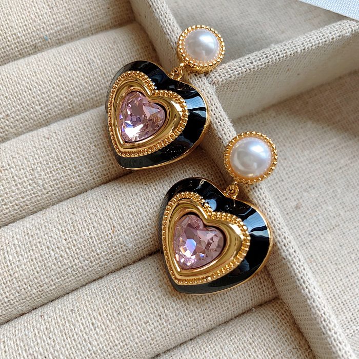 1 par de brincos de gota de strass de cobre revestidos em forma de coração estilo IG
