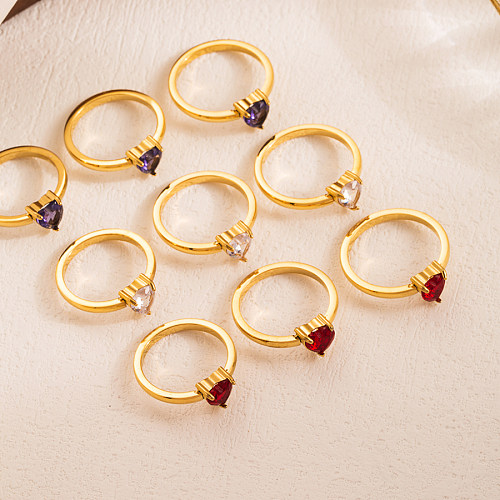 Elegante estilo clássico formato de coração em aço inoxidável com incrustação de zircão anéis banhados a ouro 18K