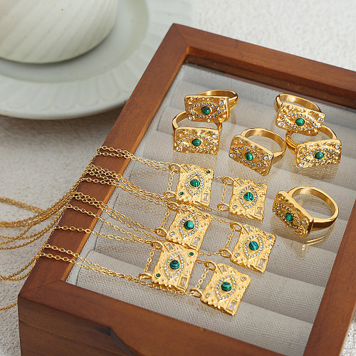 Collar de anillos chapados en oro de 18K con incrustaciones de turquesa y diamantes de imitación cuadrados de ojo de diablo elegante y lujoso