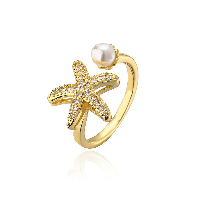 Modischer offener Ring mit Blatt-Seestern-Schmetterling, Kupfer, vergoldet, Perle und Zirkon