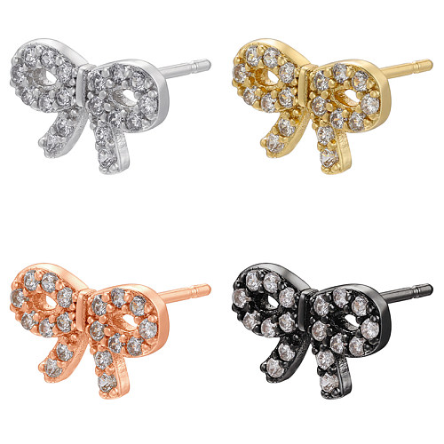 1 Pair Sweet Bow Knot Copper Plating Inlay Zircon 18K Gold Plated Ear Studs