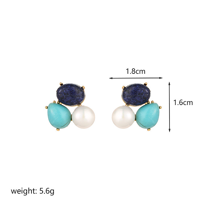 1 Pair Ethnic Style Color Block Plating Hollow Out Inlay Copper Artificial Gemstones Freshwater Pearl 18K Gold Plated Ear Studs