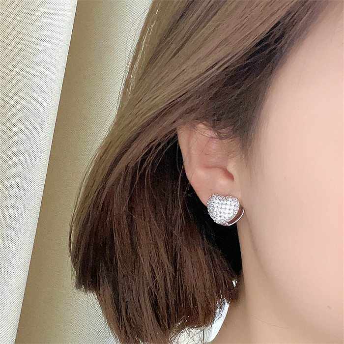 1 Pair Casual Sweet Shiny Heart Shape Plating Inlay Copper Zircon White Gold Plated Earrings