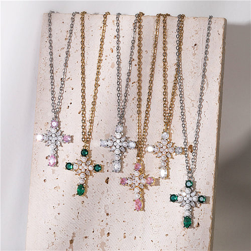 Classic Style Cross Copper Inlay Artificial Gemstones Pendant Necklace