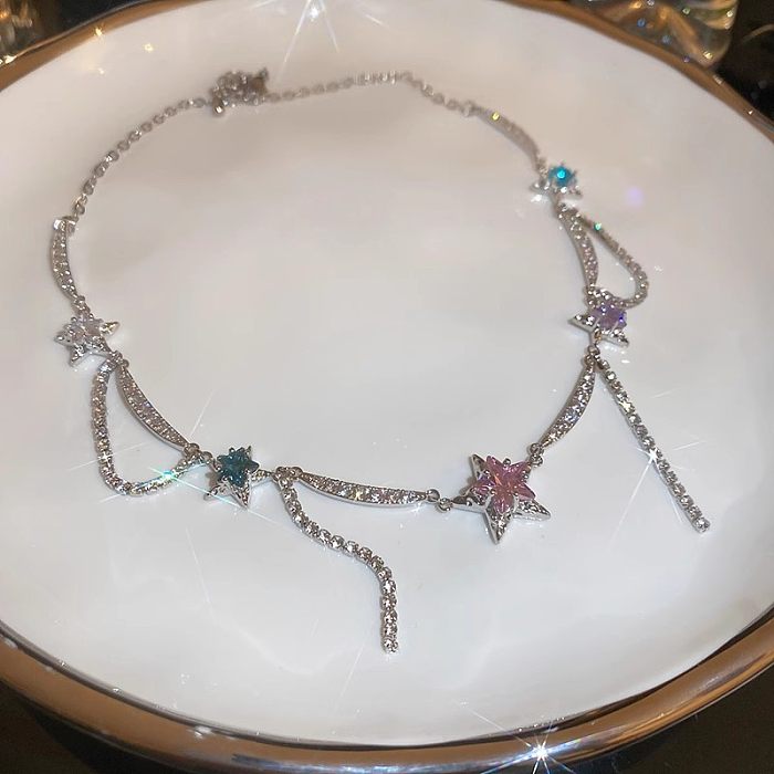 Sweet Star Copper Plating Inlay Artificial Rhinestones Zircon White Gold Plated Choker