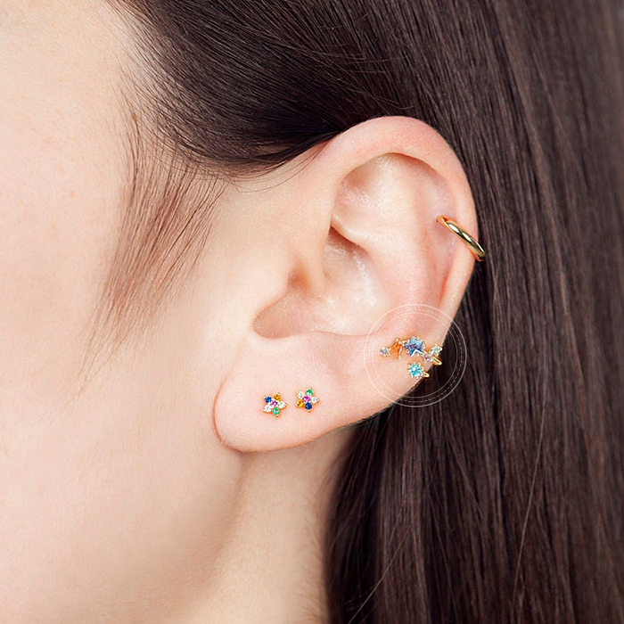 Cross-border Source Inlaid Colorful Zircon Irregular Geometric Copper Ear Clip Earrings 18K Gold Tassel Chain Earrings