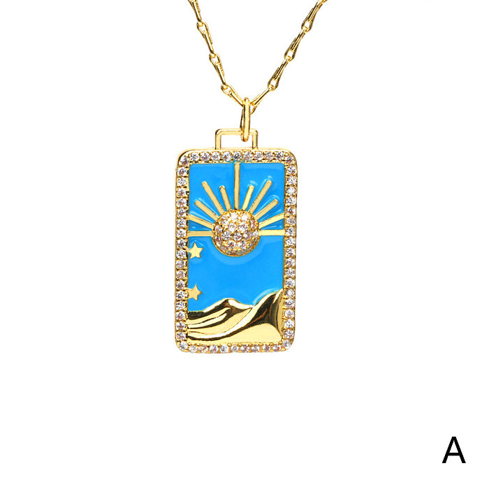 Classic Style Square Copper Enamel Plating Inlay Zircon Gold Plated Pendant Necklace