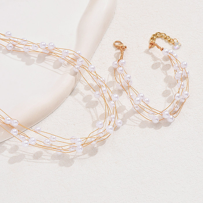 Elegantes, romantisches, süßes, geometrisches Schmuckset mit künstlichen Perlen und Kupferperlen, 18 Karat vergoldet