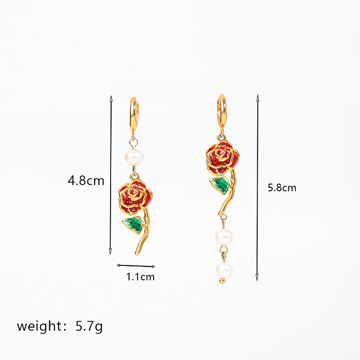 Retro-Ohrring-Halskette im französischen Stil, Herzform, Rose, Süßwasserperle, Kupferbeschichtung, 18 Karat vergoldet