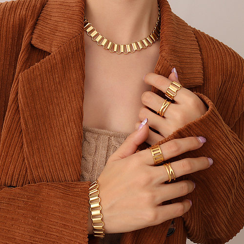 Fashion Hollow Geometric Ring Necklace Bracelet Set Titanium Steel 18K Gold Plated Jewelry