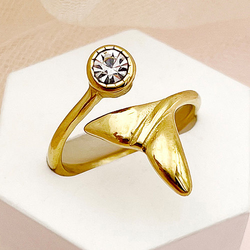 Anéis banhados a ouro elegantes e românticos com cauda de peixe em aço inoxidável com zircão