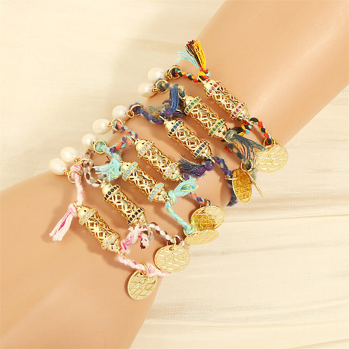 Bohemian Geometric Freshwater Pearl Rope Copper Plating Inlay Zircon 18K Gold Plated Twisted Cable Bracele