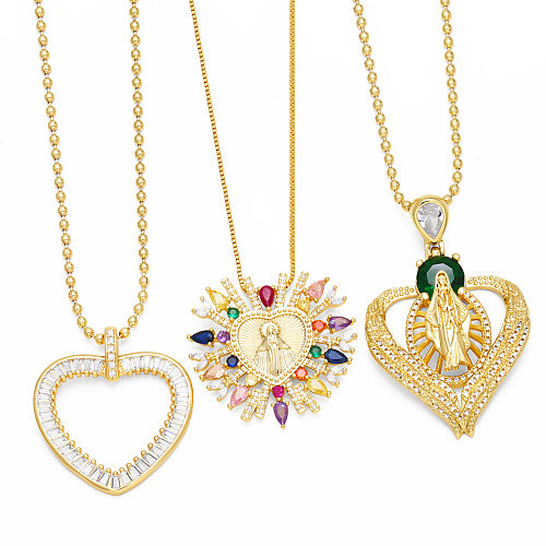 1 Piece Fashion Virgin Mary Heart Shape Copper Inlay Zircon Pendant Necklace