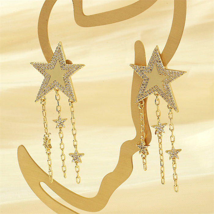 1 Pair Streetwear Shiny Star Plating Inlay Copper Zircon 18K Gold Plated Drop Earrings