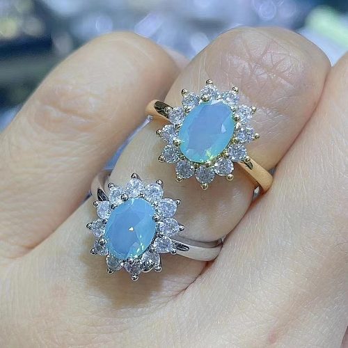 Nuevo anillo de color con incrustaciones de ópalo y diamantes de imitación, anillo de girasol ovalado