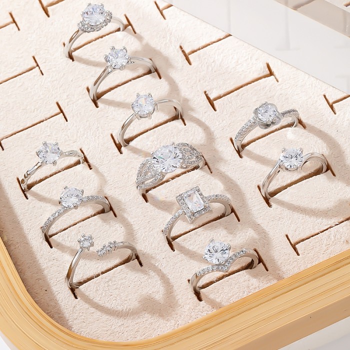 Simple Style Round Square Copper Plating Inlay Zircon White Gold Plated Open Rings
