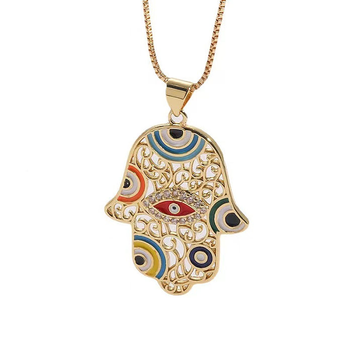 Retro Ethnic Style Devil'S Eye Palm Copper Enamel Plating Inlay Zircon Pendant Necklace