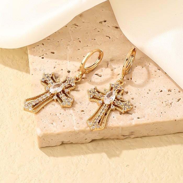 Vintage Style Simple Style Cross Stainless Steel Copper Plating Inlay Zircon Gold Plated Earrings Necklace