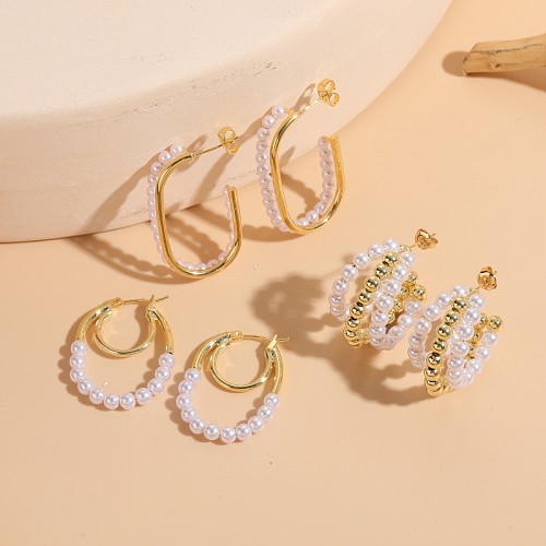 1 paire de clous d'oreilles en forme de U, élégant et luxueux, Style classique, rond asymétrique, incrustation de perles en cuivre et Zircon plaqué or 14 carats