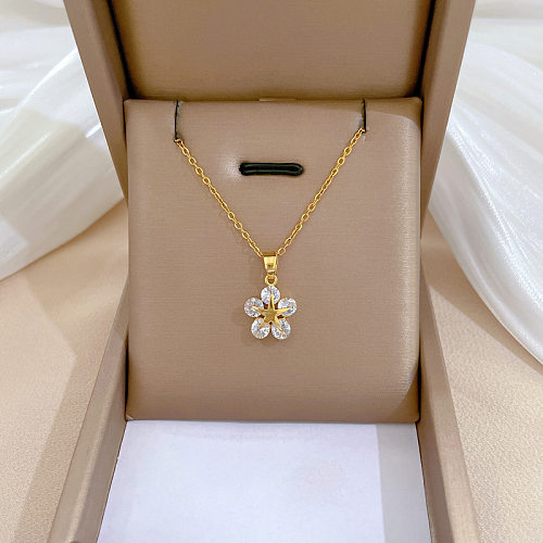 Modern Style Simple Style Pentagram Flower Titanium Steel Copper Inlay Artificial Gemstones Pendant Necklace