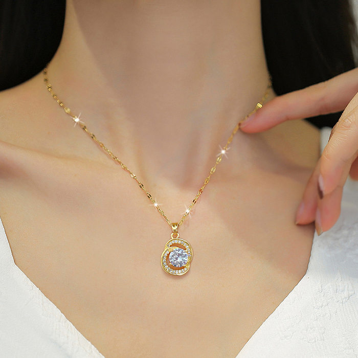 Casual Elegant Lady Geometric Titanium Steel Copper Inlay Artificial Gemstones Pendant Necklace