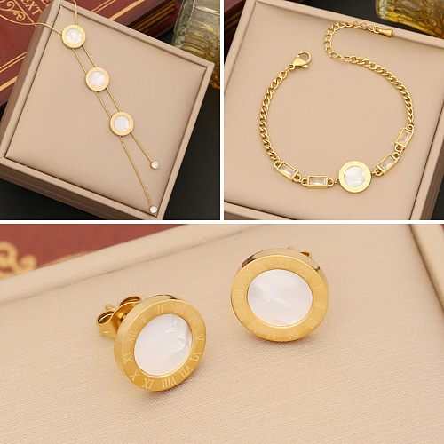 Vintage Style Commute Round Stainless Steel Inlay Shell Women'S Bracelets Earrings Necklace