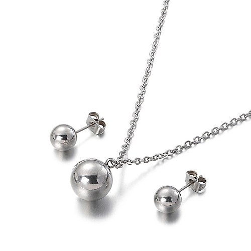 Collier et boucles d'oreilles en acier inoxydable, petites perles rondes, ensemble de bijoux, vente en gros