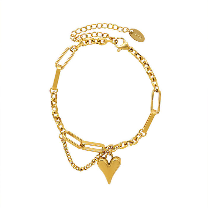 Doce estilo simples formato de coração corrente de chapeamento de aço titânio 18K colar de pulseiras banhadas a ouro