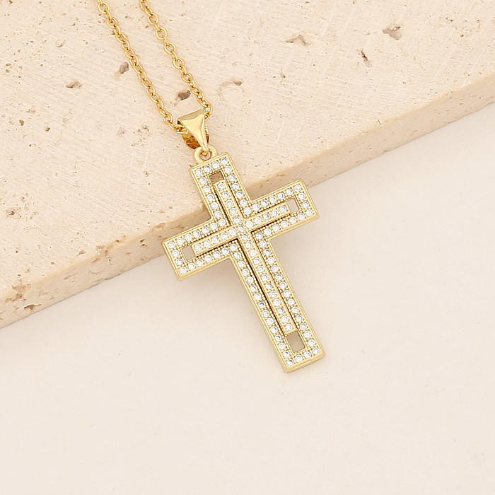 Collier avec pendentif en forme de croix ovale, Style Vintage, en acier inoxydable, cuivre, perles artificielles, Zircon, en vrac