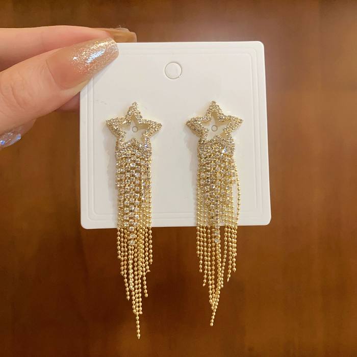 1 Pair Simple Style Shiny Star Tassel Heart Shape Plating Inlay Copper Rhinestones Drop Earrings