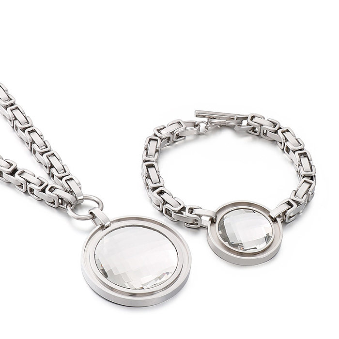 Moda nova corrente de aço inoxidável de peça única redonda multi-cor pedra de vidro feminino pulseira e colar conjunto