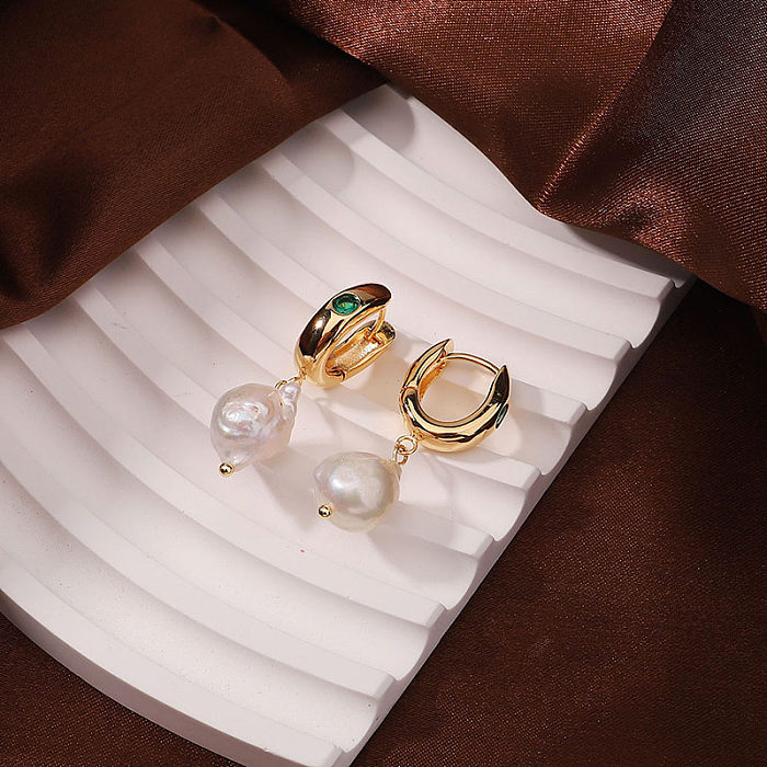 1 paire de boucles d'oreilles pendantes plaquées or 18 carats, Style Simple, incrustation ronde en cuivre et Zircon