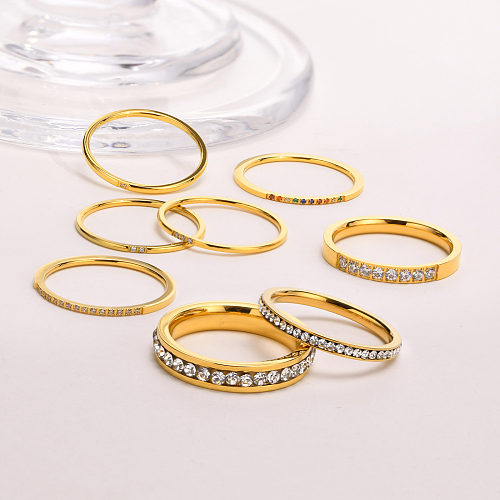 IG Style Simple Style Solid Color Stainless Steel Plating Inlay Zircon 18K Gold Plated Rings