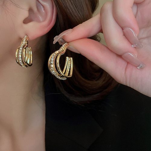 1 Pair Glam Shiny U Shape Heart Shape Plating Inlay Copper Artificial Rhinestones 14K Gold Plated Ear Studs