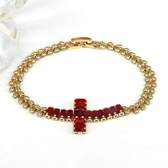 Retro Shiny Cross Copper Gold Plated Zircon Bracelets In Bulk