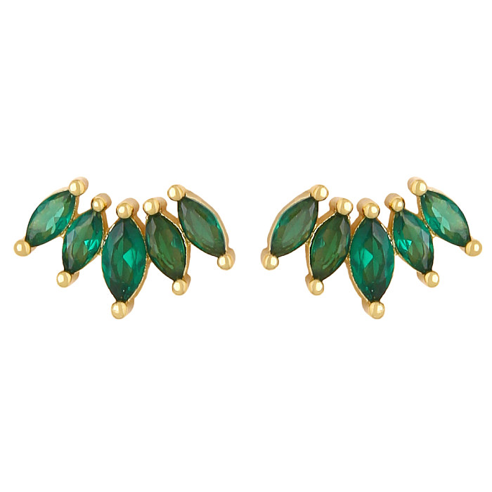 1 Pair Basic Leaf Inlay Copper Zircon 18K Gold Plated Ear Studs