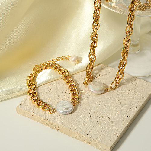 Elegante Damen-Armband-Halskette mit runder Süßwasserperle-Beschichtung aus Edelstahl und 18 Karat Gold