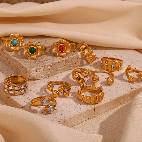 Großhandel Ringe im Vintage-Stil, einfacher Stil, Farbblock-Blume, Edelstahl-Beschichtung, 18 Karat vergoldet