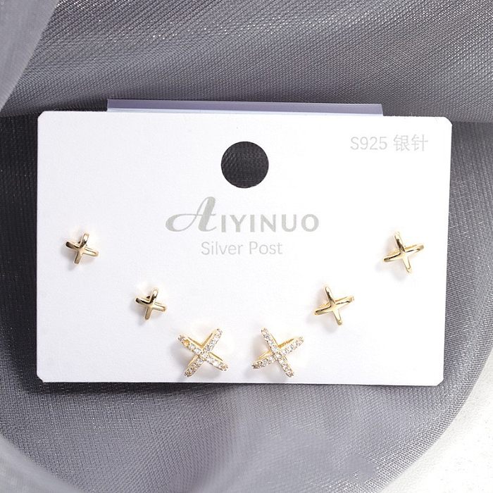 Fashion Flower Copper Inlay Artificial Gemstones Ear Studs 3 Pairs