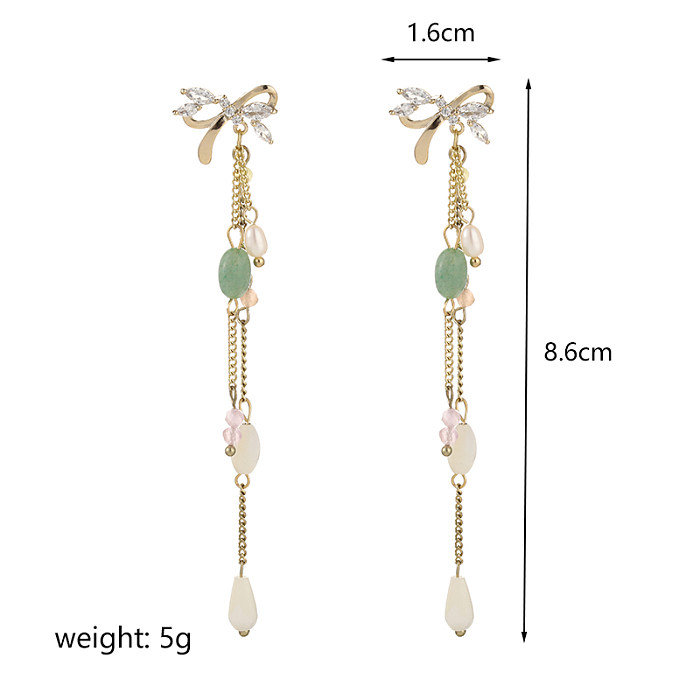 1 Pair Retro Exaggerated Tassel Chain Inlay Copper Freshwater Pearl Opal Zircon Drop Earrings