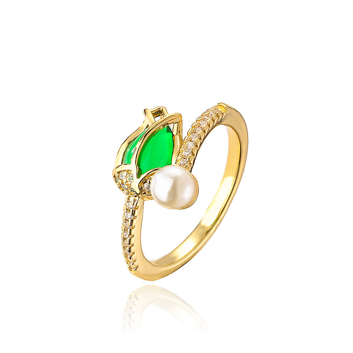 Modischer offener Ring mit geometrischer Blume, Kupfer, vergoldet, künstliche Perlen, Zirkon, 1 Stück