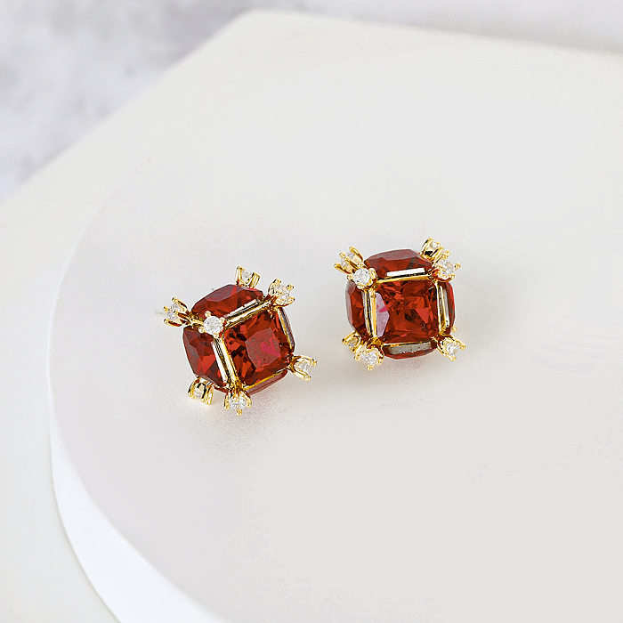 1 Pair Simple Style Square Copper Inlay Zircon Earrings
