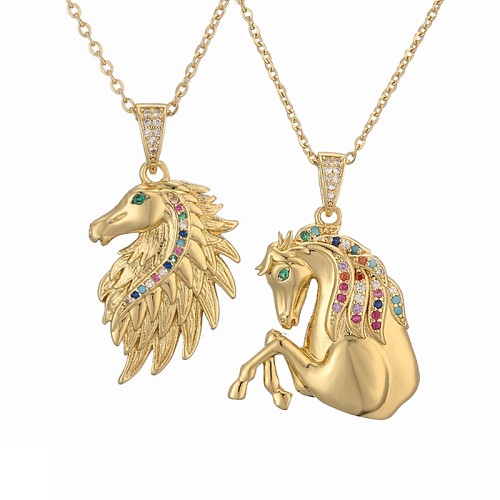 IG Style Schlichter Stil Pferd Kupferbeschichtung Inlay Zirkon vergoldet Anhänger Halskette