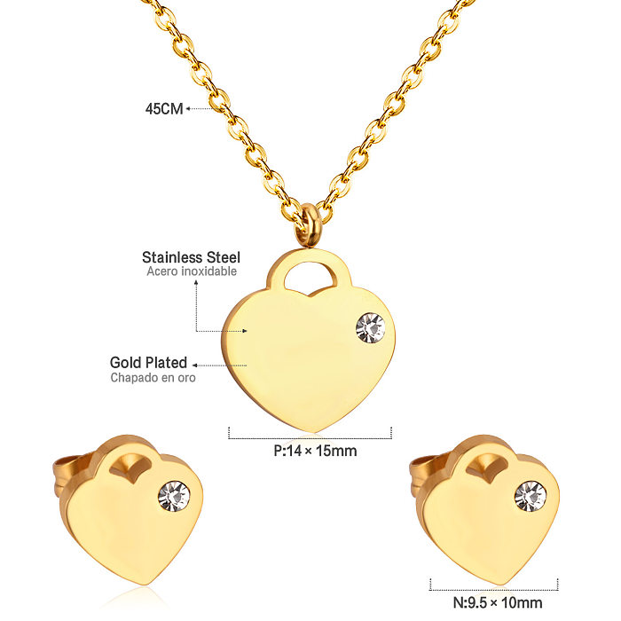 Simple Style Heart Shape Stainless Steel Inlay Zircon Earrings Necklace 1 Set