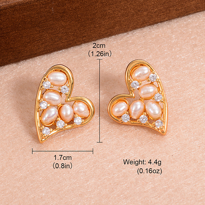 1 paire de clous d'oreilles plaqués or 18 carats, Style français, incrustation en forme de cœur, cuivre et Zircon