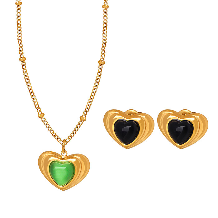 Retro Vacation Heart Shape Titanium Steel Plating Inlay Opal Glass Stone 18K Gold Plated Earrings Necklace