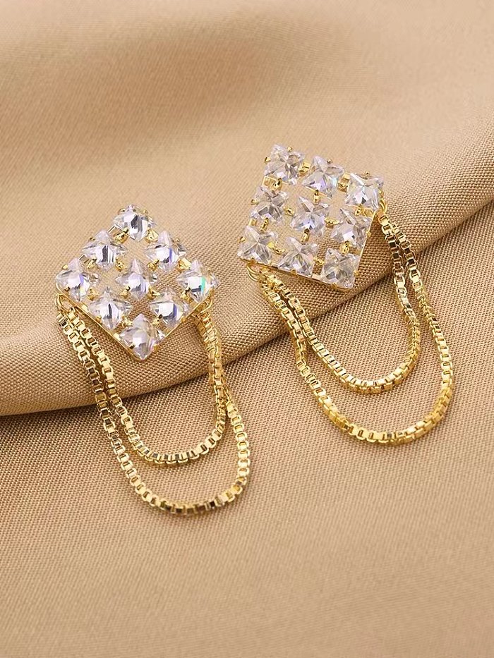1 paire de boucles d'oreilles en forme de losange et pampilles pour femmes, incrustation de diamant artificiel en cuivre